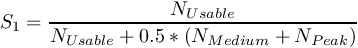 \[ S_{1} = \frac{N_{Usable}}{N_{Usable} + 0.5 * \left(N_{Medium} + N_{Peak} \right)} \]